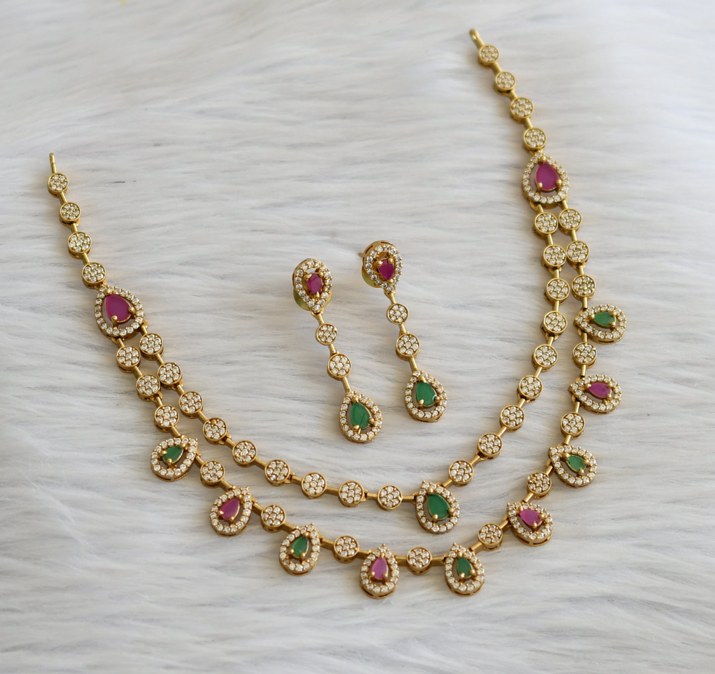 Matte finish ruby-green-white double layer necklace set dj-45473