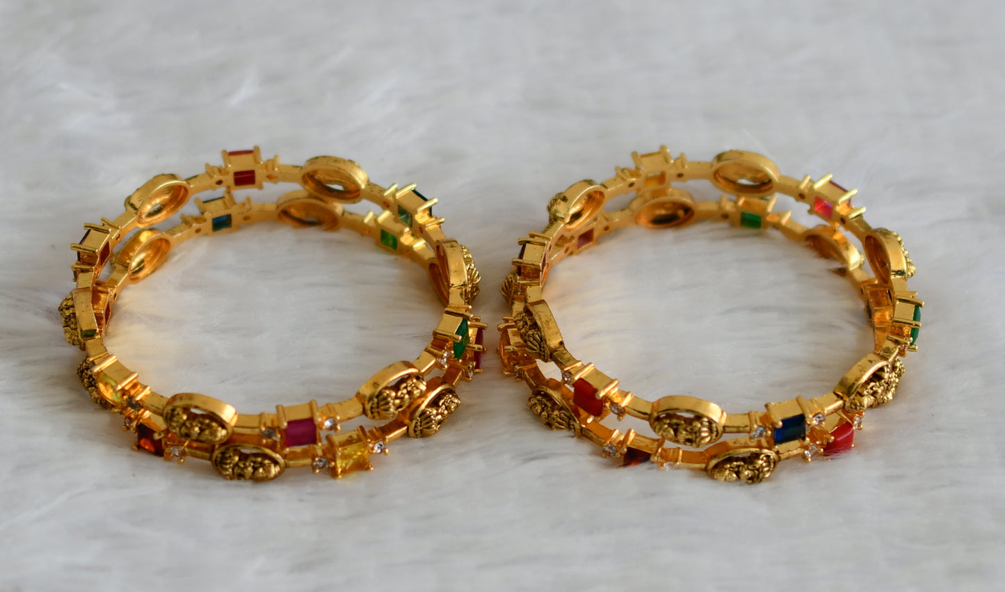Antique gold tone cz navarathna block stone lakshmi set of 4 bangles(2.4) dj-50931