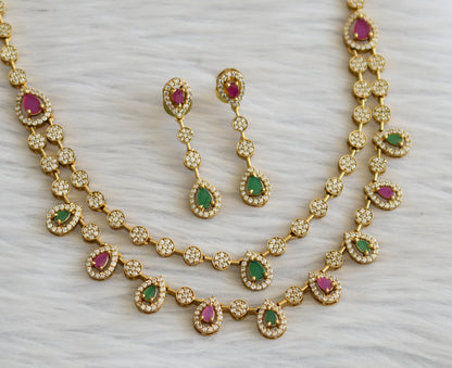 Matte finish ruby-green-white double layer necklace set dj-45473