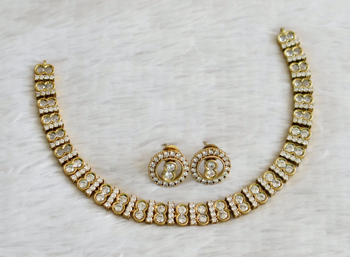 Antique gold tone cz white stone necklace set dj-48970