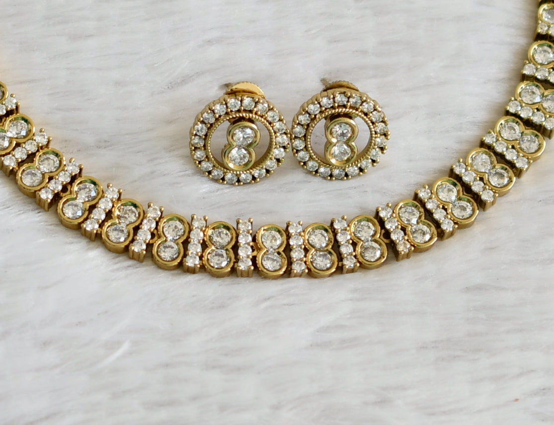 Antique gold tone cz white stone necklace set dj-48970