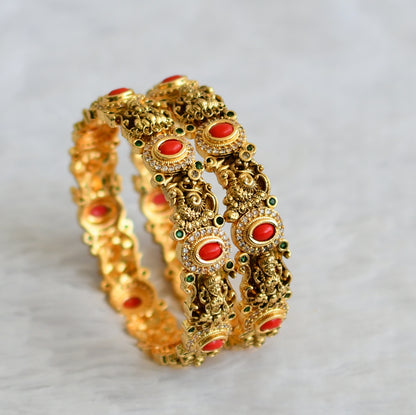 Antique gold tone cz coral-green oval stone lakshmi peacock bangles(2.4) dj-50938