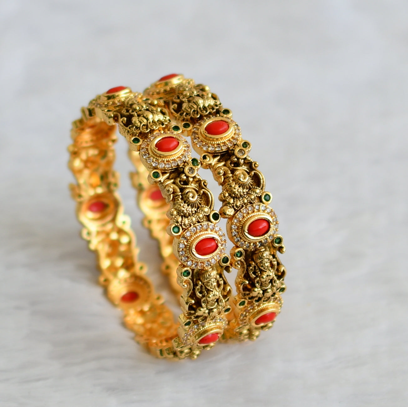 Antique gold tone cz coral-green oval stone lakshmi peacock bangles(2.8) dj-50940
