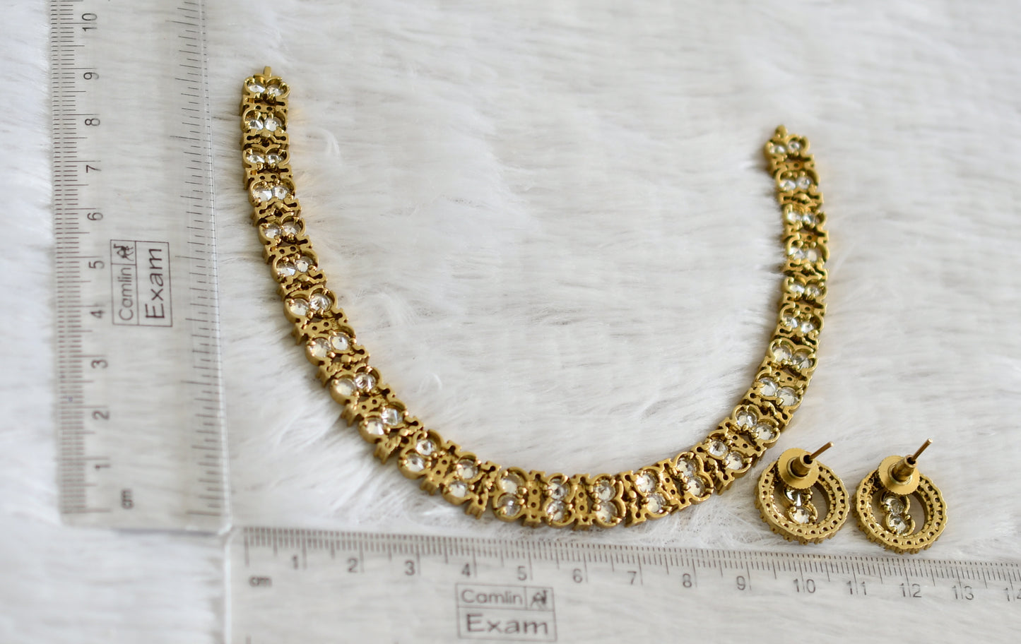 Antique gold tone cz white stone necklace set dj-48970