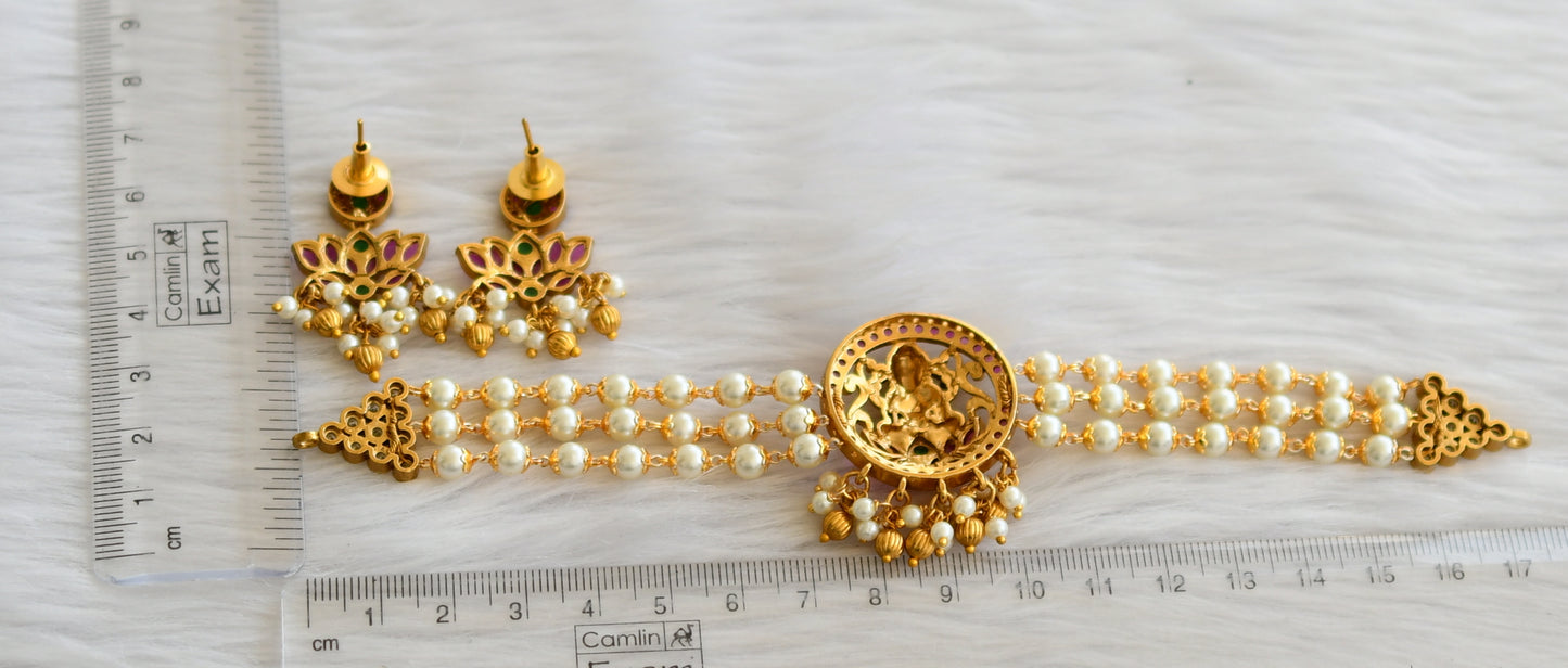 Matte finish kemp-green-white lakshmi-lotus pearl choker necklace set dj-45468