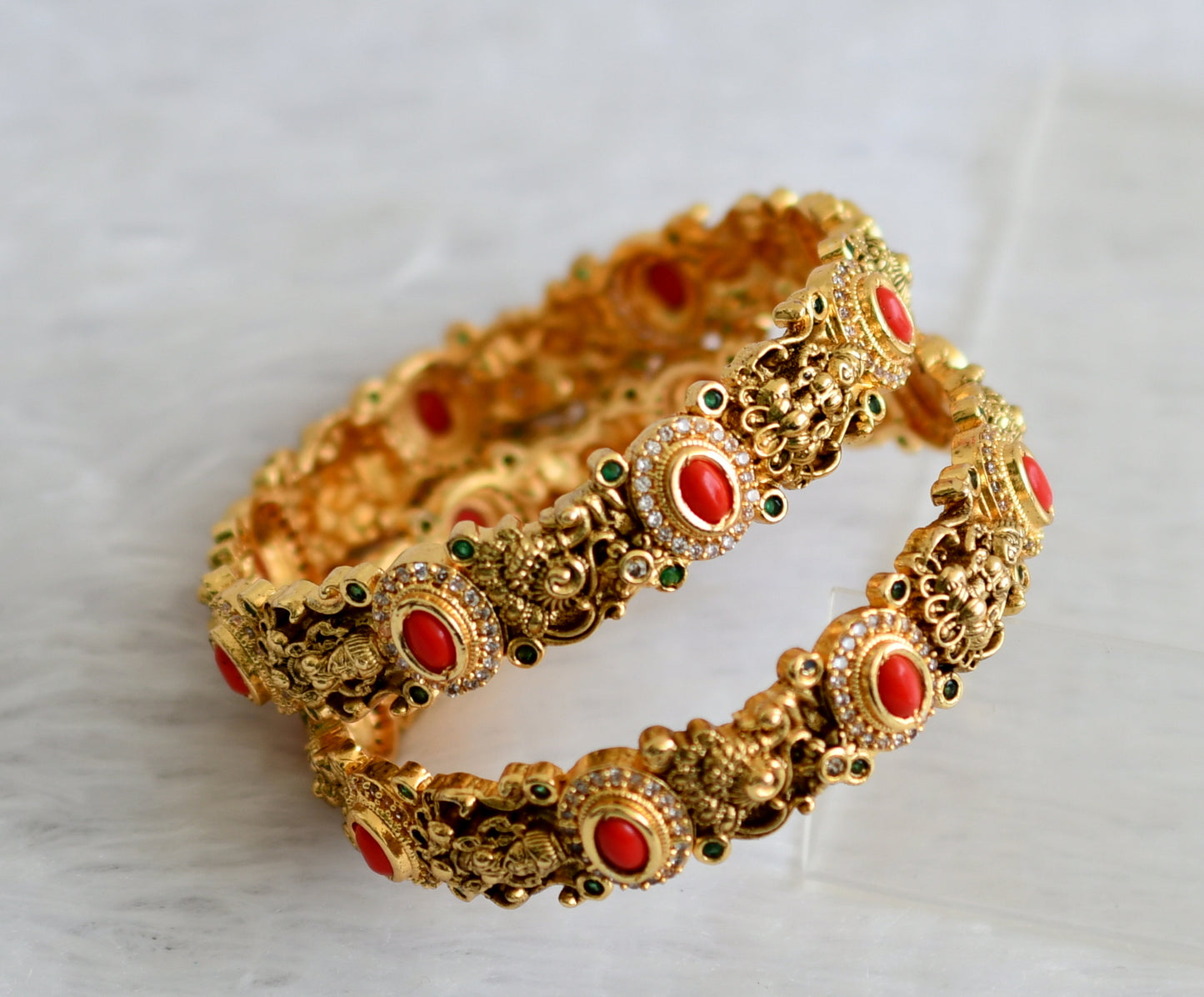 Antique gold tone cz coral-green oval stone lakshmi peacock bangles(2.4) dj-50938