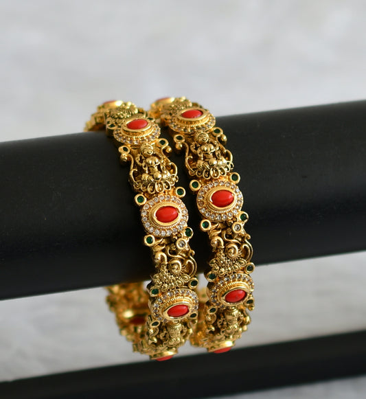 Antique gold tone cz coral-green oval stone lakshmi peacock bangles(2.4) dj-50938