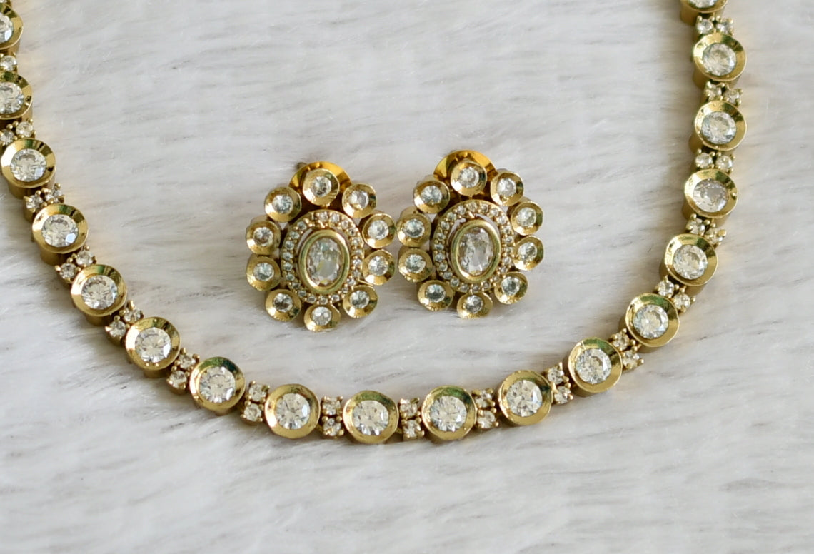 Antique gold tone cz white stone round necklace set dj-48971