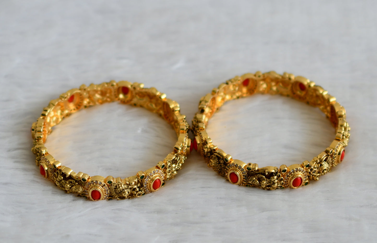 Antique gold tone cz coral-green oval stone lakshmi peacock bangles(2.8) dj-50940