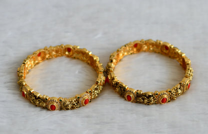 Antique gold tone cz coral-green oval stone lakshmi peacock bangles(2.4) dj-50938