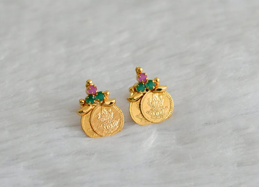 Gold tone ruby-green lakshmi coin earrings dj-43946