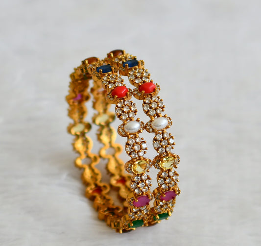 Matte finish cz navarathna oval stone flower bangles(2.6) dj-50924