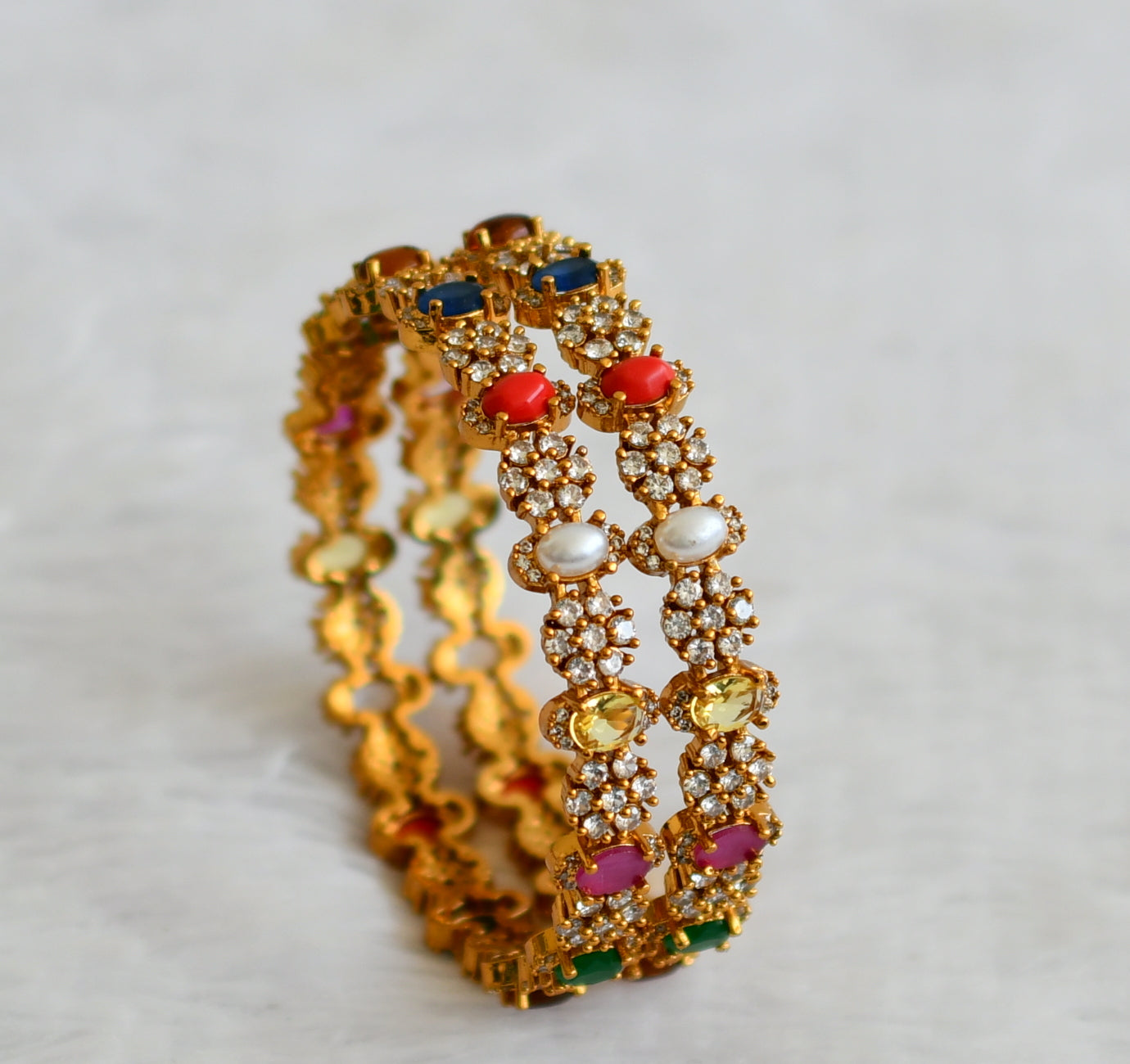 Matte finish cz navarathna oval stone flower bangles(2.8) dj-50925