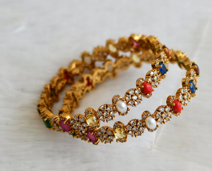 Matte finish cz navarathna oval stone flower bangles(2.4) dj-50923