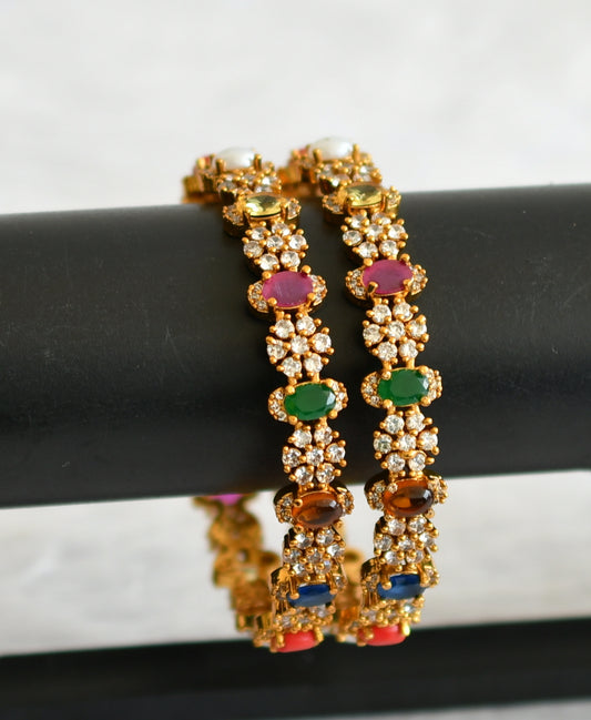 Matte finish cz navarathna oval stone flower bangles(2.6) dj-50924