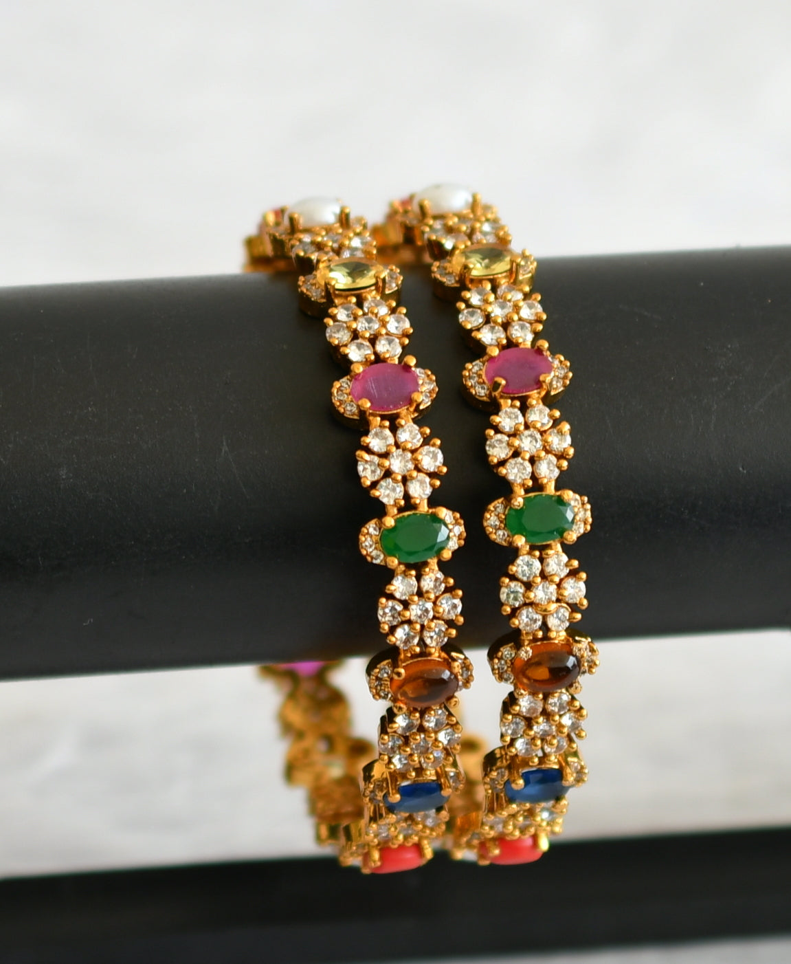 Matte finish cz navarathna oval stone flower bangles(2.8) dj-50925