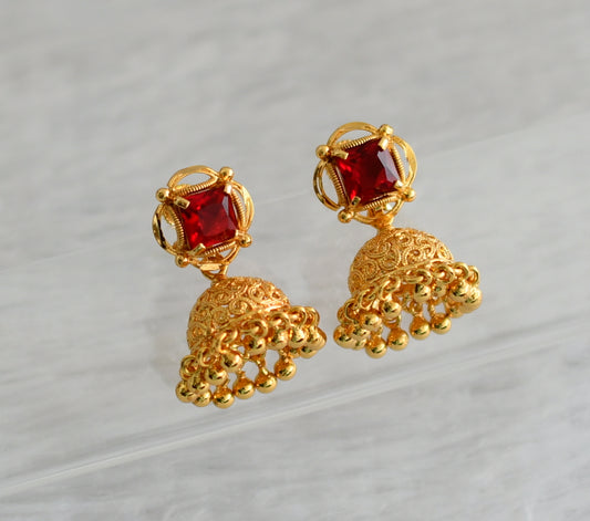 Gold tone red block stone jhumkka dj-47170