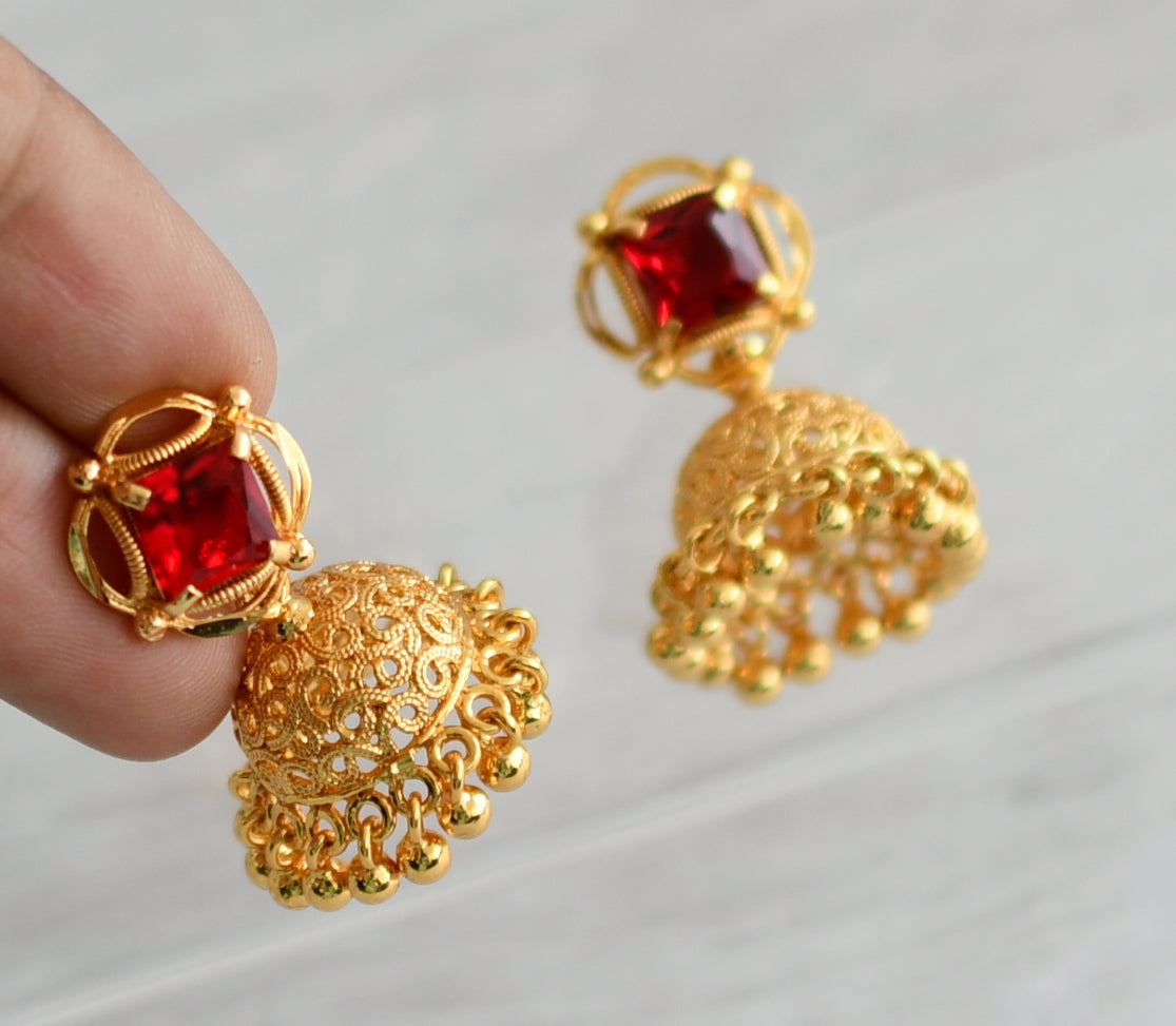 Gold tone red block stone jhumkka dj-47170