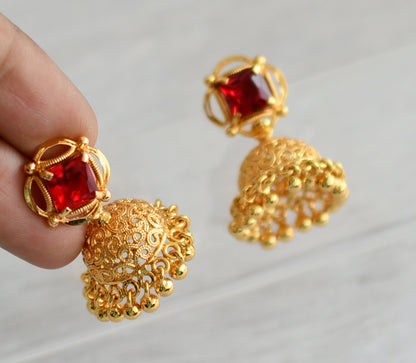 Gold tone red block stone jhumkka dj-47170