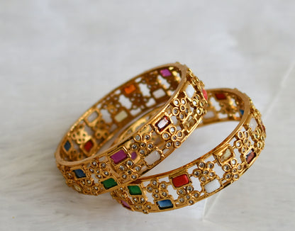 Matte finish cz navarathna block stone flower bangles(2.8) dj-50922