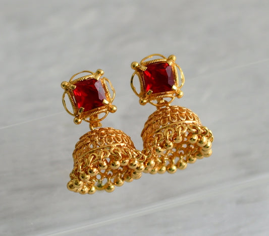 Gold tone red block stone jhumkka dj-47169