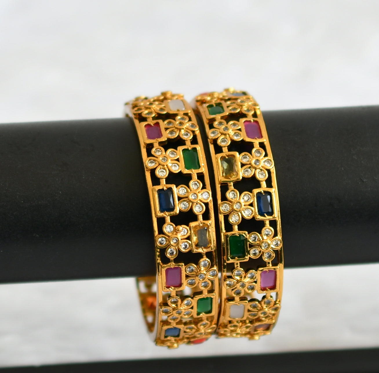 Matte finish cz navarathna block stone flower bangles(2.4) dj-50920