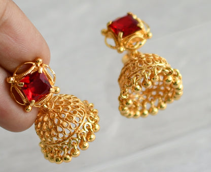 Gold tone red block stone jhumkka dj-47169