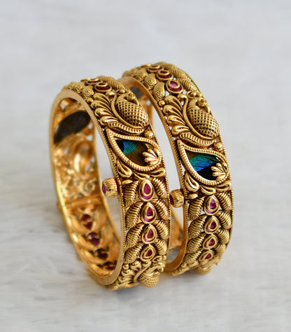 Antique finish pink stone real peacock feather screw bangles(2.4) dj-50944
