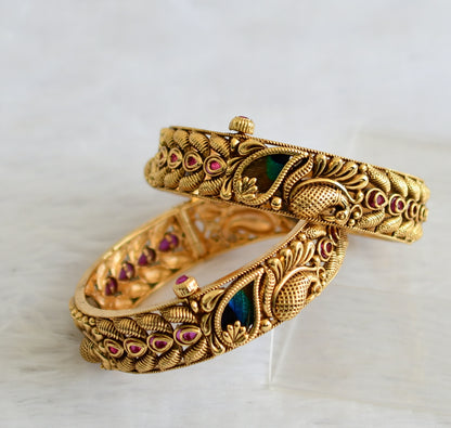 Antique finish pink stone real peacock feather screw bangles(2.6) dj-50945