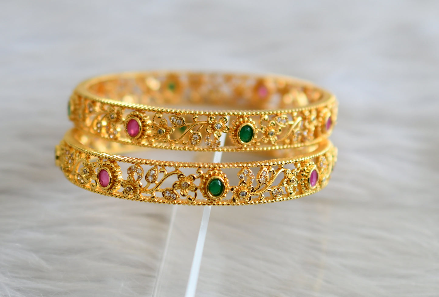 Gold tone cz ruby-green-white flower bangles(2.6) dj-43810