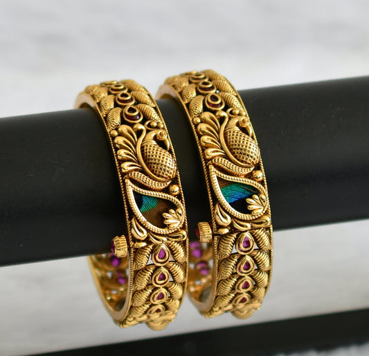 Antique finish pink stone real peacock feather screw bangles(2.6) dj-50945