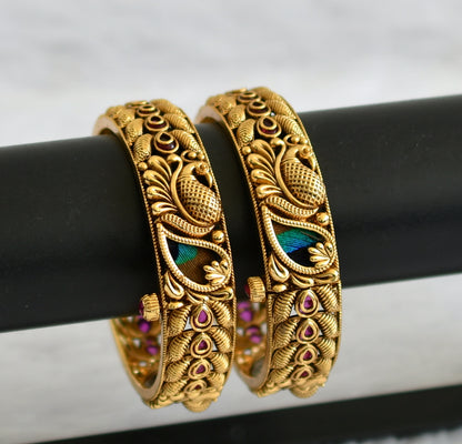 Antique finish pink stone real peacock feather screw bangles(2.4) dj-50944