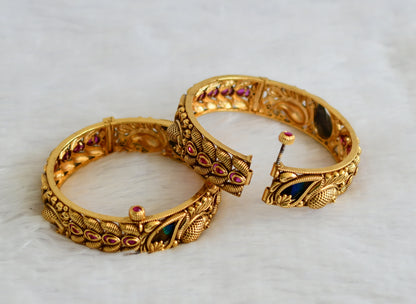 Antique finish pink stone real peacock feather screw bangles(2.4) dj-50944