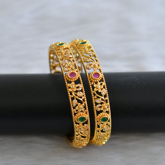 Gold tone cz ruby-green-white flower bangles(2.8) dj-43811