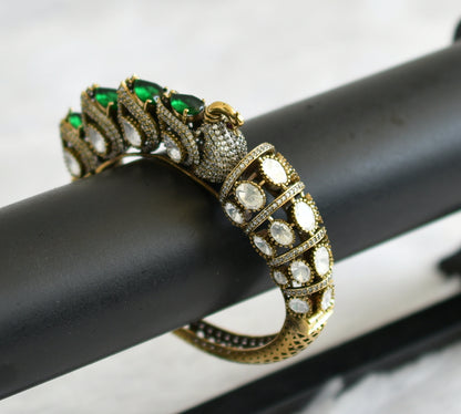 Antique gold tone green-white stone victorian moissanite peacock kada/bracelet dj-50954