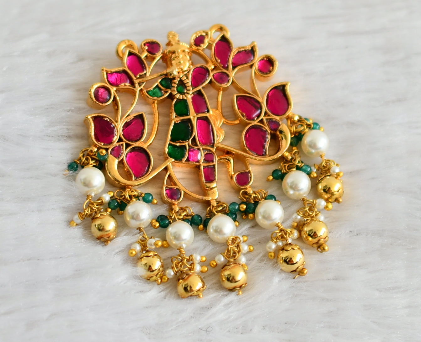 Gold tone pink-green kundan jadau krishna pendant dj-48975