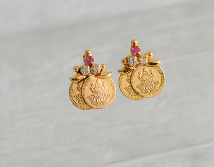 Gold tone ruby-white lakshmi coin earrings dj-47188