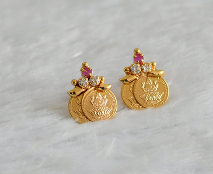 Gold tone ruby-white lakshmi coin earrings dj-47188