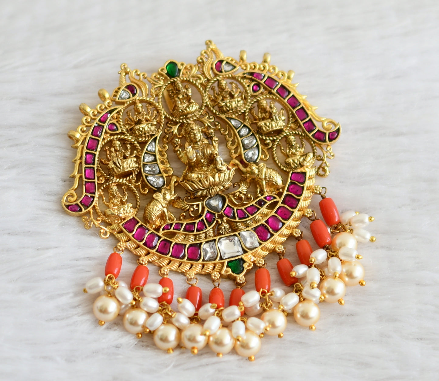 Matte finish pink-green-white kundan jadau coral pearl beaded Ashtalakshmi pendant dj-48979