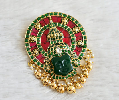 Gold tone pink-green kundan Kathakali jadau pendant dj-48973