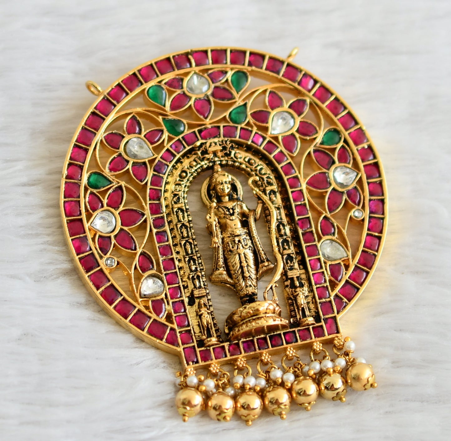 Antique gold tone pink-green-white shri ramlalla pendant dj-48978