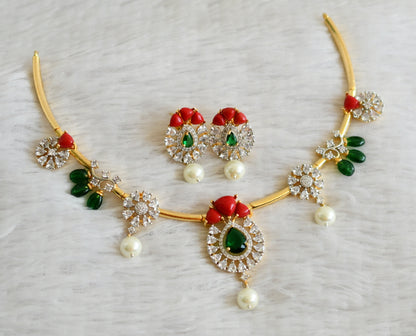 Gold tone cz coral-green stone hasli necklace set dj-48982