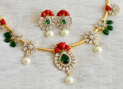 Gold tone cz coral-green stone hasli necklace set dj-48982