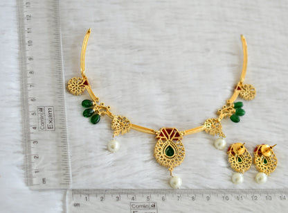 Gold tone cz coral-green stone hasli necklace set dj-48982