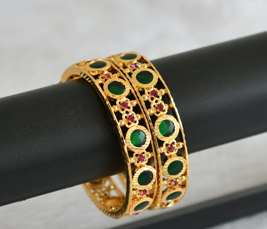 Gold tone kerala style pink-green round bangles(2.8) dj-50974