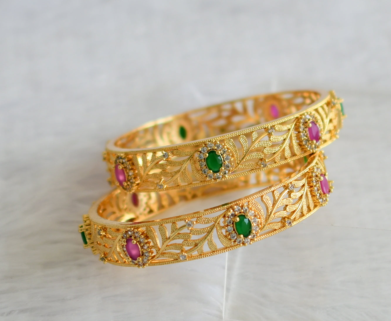 Gold tone ruby-green-white oval stone leaf bangles(2.8) dj-50968