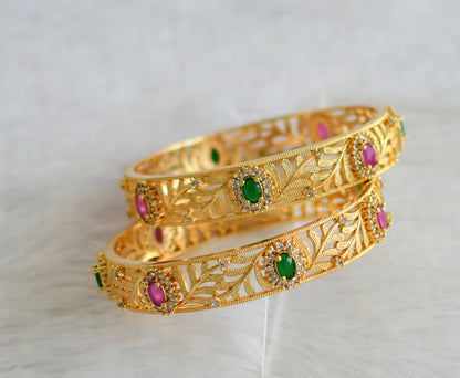Gold tone ruby-green-white oval stone leaf bangles(2.6) dj-50967