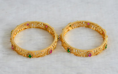 Gold tone ruby-green-white oval stone leaf bangles(2.8) dj-50968