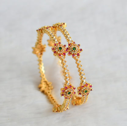 Gold tone ruby-green-white flower bangles(2.6) dj-50963