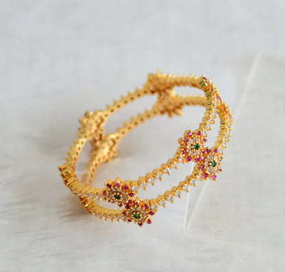 Gold tone ruby-green-white flower bangles(2.6) dj-50963